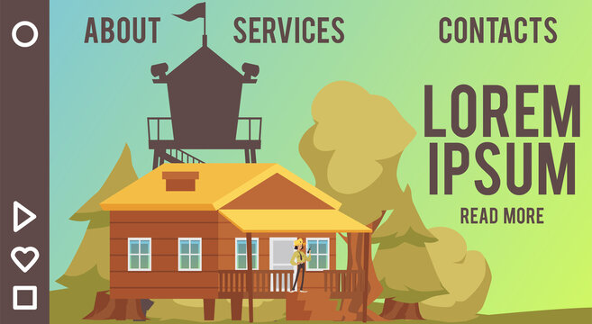 Park Ranger Department, wood cabin and fire lookout tower. Female ranger at the tree forest, cartoon vector illustration