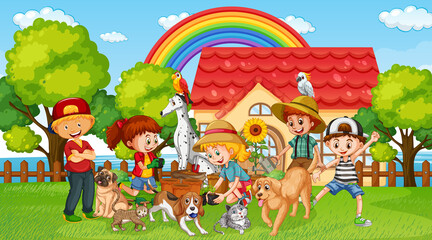 Outdoor scene with kids playing with their animals