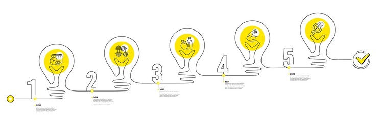 Gym Infographic timeline with 5 steps. Lightbulb journey path infographics. Sport process diagram with Exercise schedule, Dumbbells, Strong muscle arm and Goal target line icons. Vector