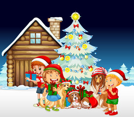 Children with dogs in Christmas theme