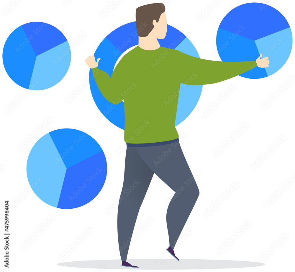 Poster man looking at colorful circle diagram template isolated on white. data analysis, business statistic