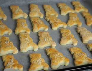 a lot of cottage cheese cookies in the shape of a bear, smeared with egg on top and sprinkled with sesame seeds, lie on parchment paper after the oven, side view. gluten-free homemade cakes