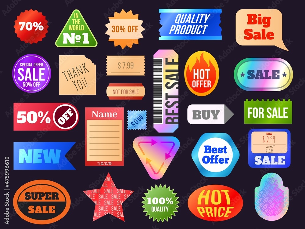 Canvas Prints Retro price hologram sticker and sale labels in 90s style. Vintage discount tags. Trendy geometric shop and store offer stickers vector set