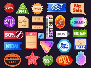 Retro price hologram sticker and sale labels in 90s style. Vintage discount tags. Trendy geometric shop and store offer stickers vector set