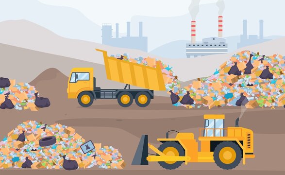 Landfill landscape with trash piles, bulldozer and garbage truck. Plastic pollution and waste recycling process. Garbage dump vector concept