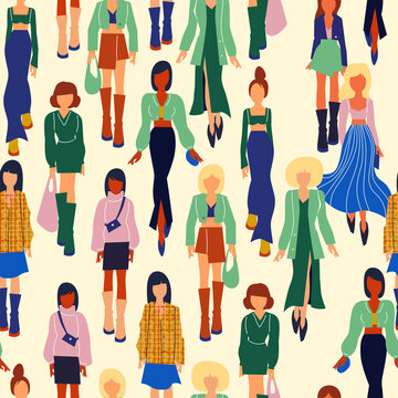 Seamless pattern. Women in trendy clothes. Fashion flat style illustration.