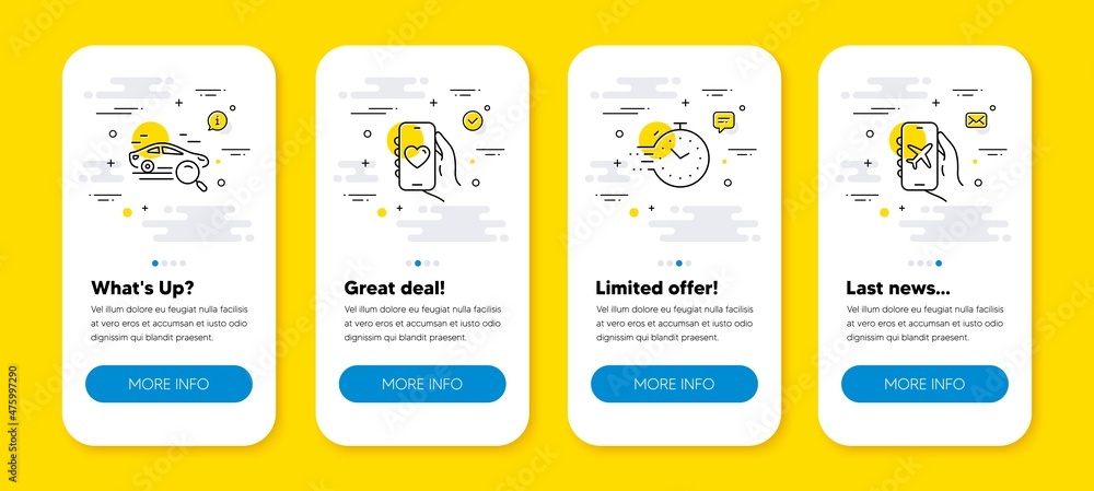 Aufkleber vector set of dating app, timer and search car line icons set. ui phone app screens with line icons.