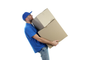 Delivery man holds boxes, isolated on white background