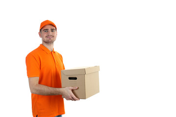 Fototapeta na wymiar Delivery man holds box, isolated on white background