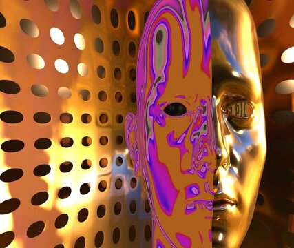 Gesicht, eine H&auml;lfte in Gold metallig die andere H&auml;lfte &uuml;berzieht eine blau pink orange Farbanimation. 4K gerendert