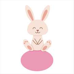 Cute rabbit sitting on Easter egg. Vector illustration lovely stylized bunny isolated on white background. Easter simbol