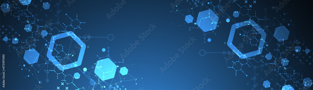 Poster modern neon science or technology abstract background using hexagonal shapes. vector.