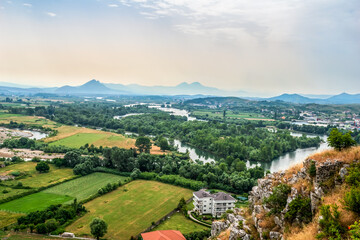 Aerial view from the Rozafa fortress at the confluence of the Buna and Drin rivers in Albania....