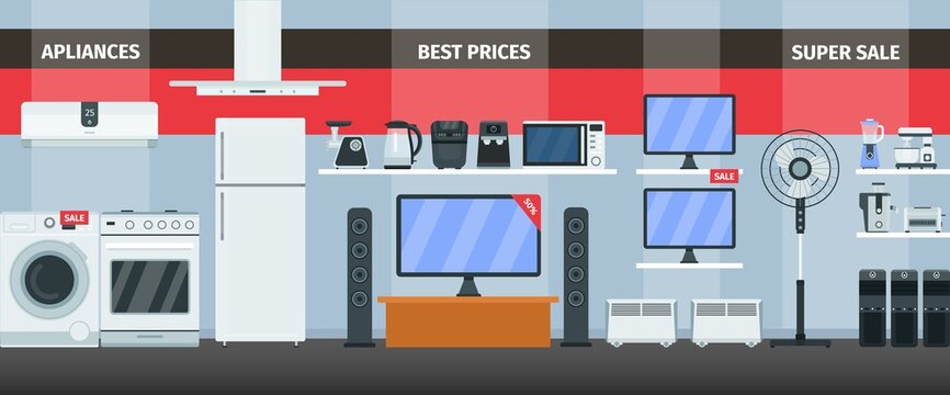 Home appliances and electronics product store interior with discount banner. Shop department with refrigerator and kitchen tech vector scene