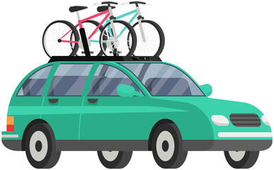 Offroad car with bicycle on roof vector isolated automobile transport. Car tourism concept. Time to travel illustration. Crossover with two bicycles mounted on roof rack. Modern station wagon car