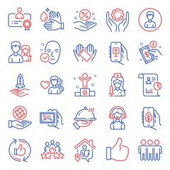 People icons set. Included icon as Work home, Employee hand, Ecology app signs. Report, Friendship, Vaccination symbols. Smartphone holding, Teamwork, Business meeting. Like, Crowdfunding. Vector