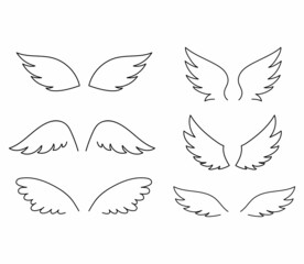 Cute wings set isolated on white background. Vector outline icons angel or bird stylized wings collections.