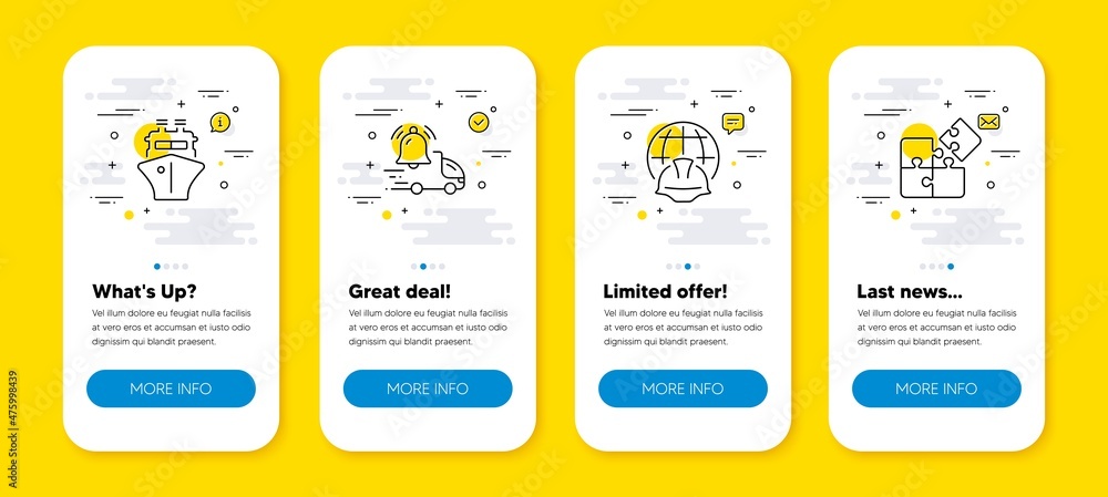 Poster vector set of delivery notification, ship and global engineering line icons set. ui phone app screen