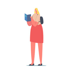 Young Woman Student with Backpack on Shoulders Holding Book Prepare to Exam or Make Homework. Girl Character Reading