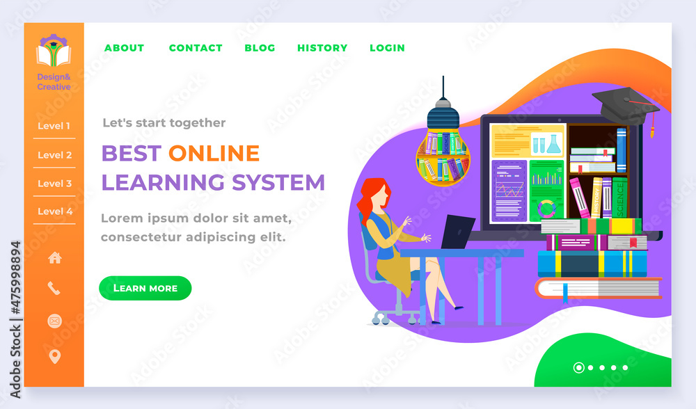 Poster best online learning system of woman studying with laptop. creative idea with training service and e