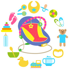 Automatic baby bouncer, child gadjet swing bed. Chaise lounge for baby relaxation surrounded by child care objects, newborn items supplies. Swing chair near toys and objects for plying with kid