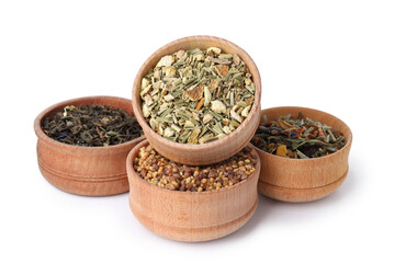 Concept of cooking tea with different types of tea isolated on white background