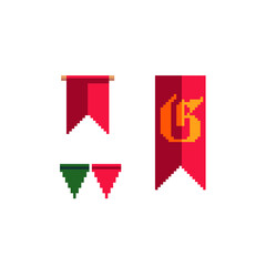 Pennant pixel art flat style icons set. Web design, mobile app. 8-bit sprite. Game assets. Isolated abstract vector illustration.