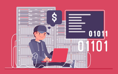 Data center server support service, system administrator busy at work. Sysadmin, admin performing test, network infrastructure, programming code, dollar dream. Vector flat style cartoon illustration