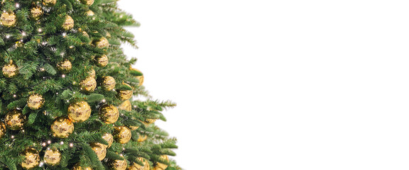 Long banner. Christmas tree golden baubles ornaments