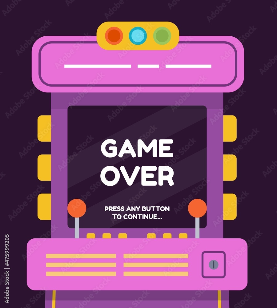 Poster cartoon retro arcade machine with game over screen. old gamer 80s console with buttons and joystick.