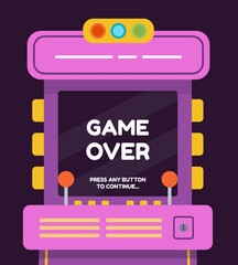 Cartoon retro arcade machine with game over screen. Old gamer 80s console with buttons and joystick. Vector poster with flat arcade monitor © Tartila