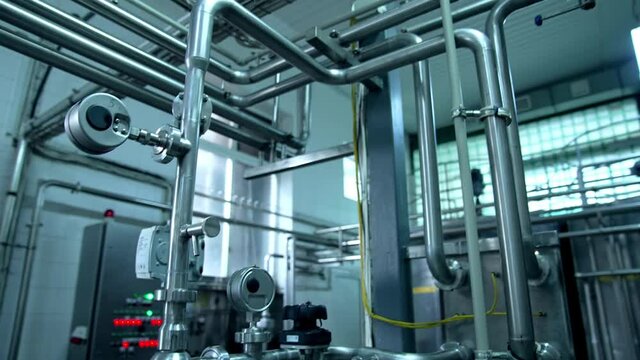 New technological milk factory with steel tubes. Diary food industry milk manufacturing. Close look at the pipelines.