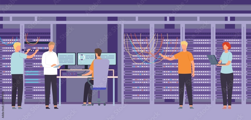 Poster flat data center room with system administrators, support and repair server worker. database and web