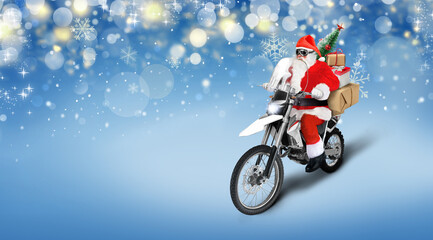 Santa Claus delivering Christmas or New Year gifts on modern bike on blue background