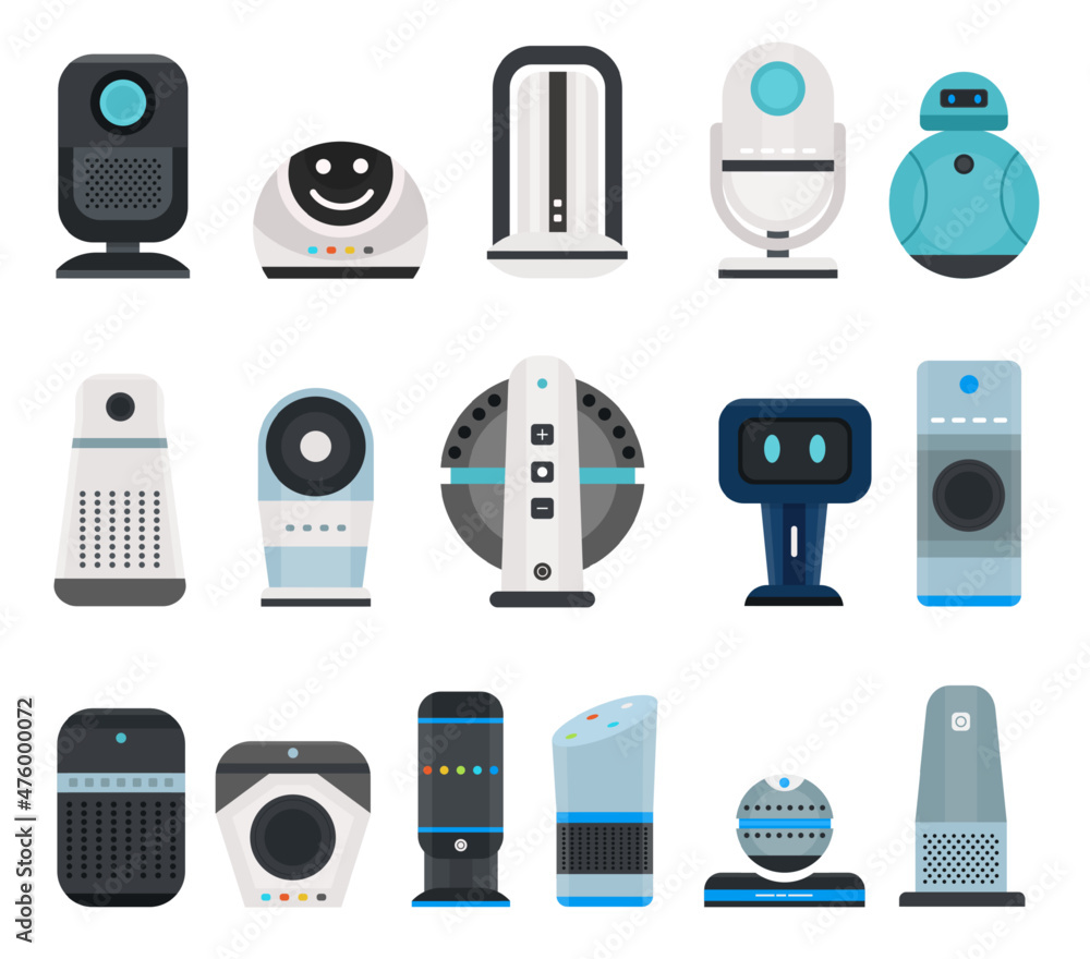Poster flat smart speakers and home voice assistant devices. audio ai control interface for internet of thi