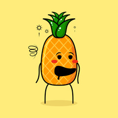 cute pineapple character with drunk expression and mouth open. green and yellow. suitable for emoticon, logo, mascot