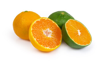 Whole and halves of ripe ordinary and green tangerines
