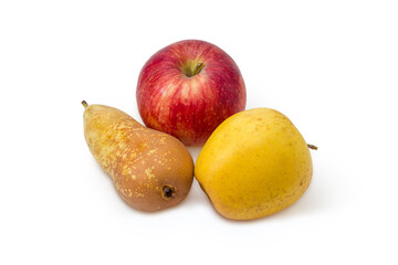 Two different apples and pear on a white background