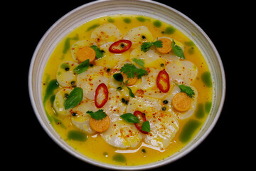 passion fruit flavoured scallop ceviche peruvian, latin american traditional seafood dish