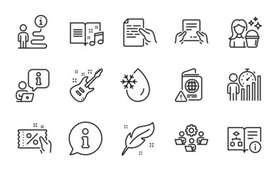 Business icons set. Included icon as Discount coupon, Receive file, Teamwork signs. Passport warning, Feather, Electric guitar symbols. Business statistics, Music book, Hold document. Vector