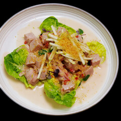 peruvian coconut milk flavoured tuna ceviche, latin american traditional seafood dish