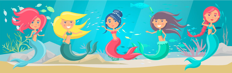 Sea adventure with marine wild nature, mermaid and fishes. Underwater life of sea creatures. Girl with fish tail and long hair smiles and swims in blue water. Cartoon nautical character lives in ocean