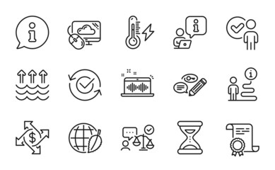 Education icons set. Included icon as Music making, Certificate, Electricity power signs. Cloud computing, Verification person, Payment exchange symbols. Evaporation, Keywords, Approved. Vector