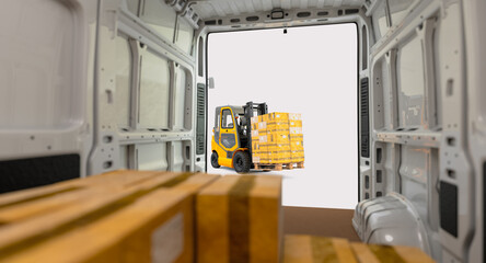 forklift loads packages on a van © tiero