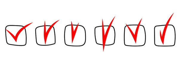 Hand drawn check mark. Empty filled boxes for answers in test, voting, confirmation, negation icons. Checklist signs template. Vector illustration isolated on white.
