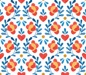 Seamless pattern with abstract flowers-hearts. Drawing in folklore style.