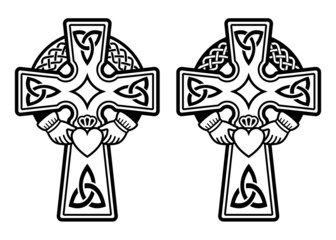 Irish Celtic cross with Claddagh ring - heart and hands vector design set - St Patrick's Day celebration in Ireland
- 476002635