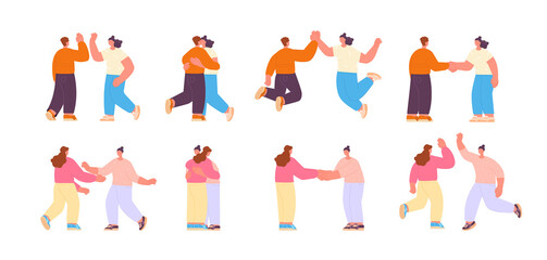 People greetings characters. Waving hands friends, greet acted person. Happy woman and men, friendship. Isolated flat welcome signs utter vector set