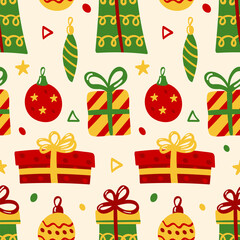 Seamless Christmas and New Year pattern. Pattern with New Year and Christmas elements for decorating gift wrapping, posters, postcards, stationery.
