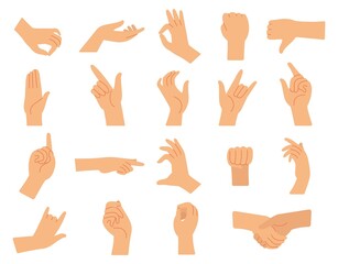 Obraz premium Isolated hands gestures. Isolated hand gesture, arm showing different signs. Body parts, finger poses collection. Cartoon female palms decent vector set